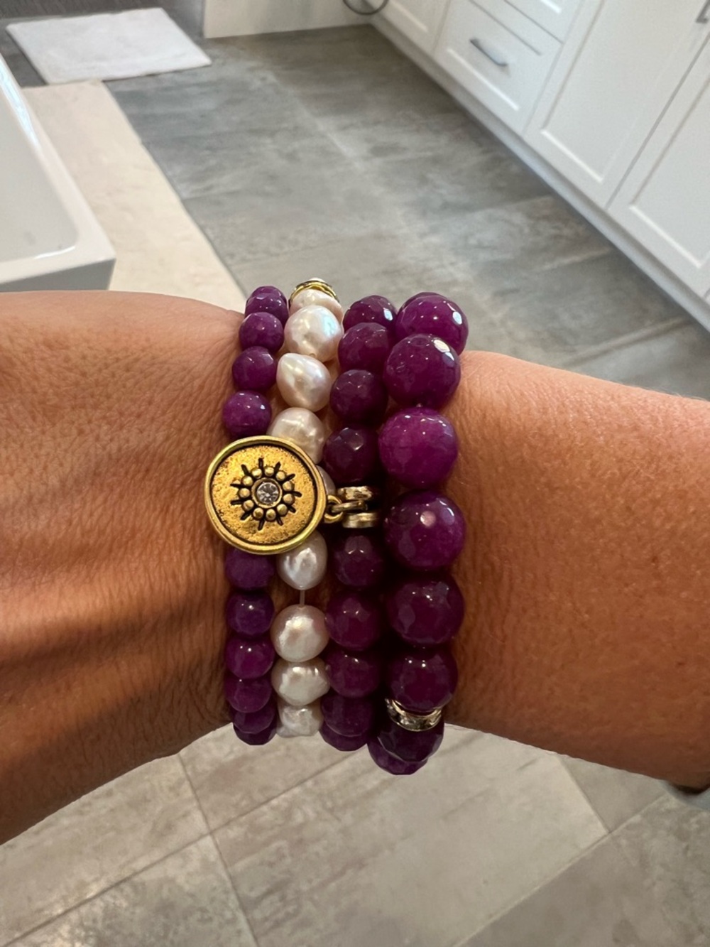 Purple Beaded Stretch Bracelet Set with Pearl Accents